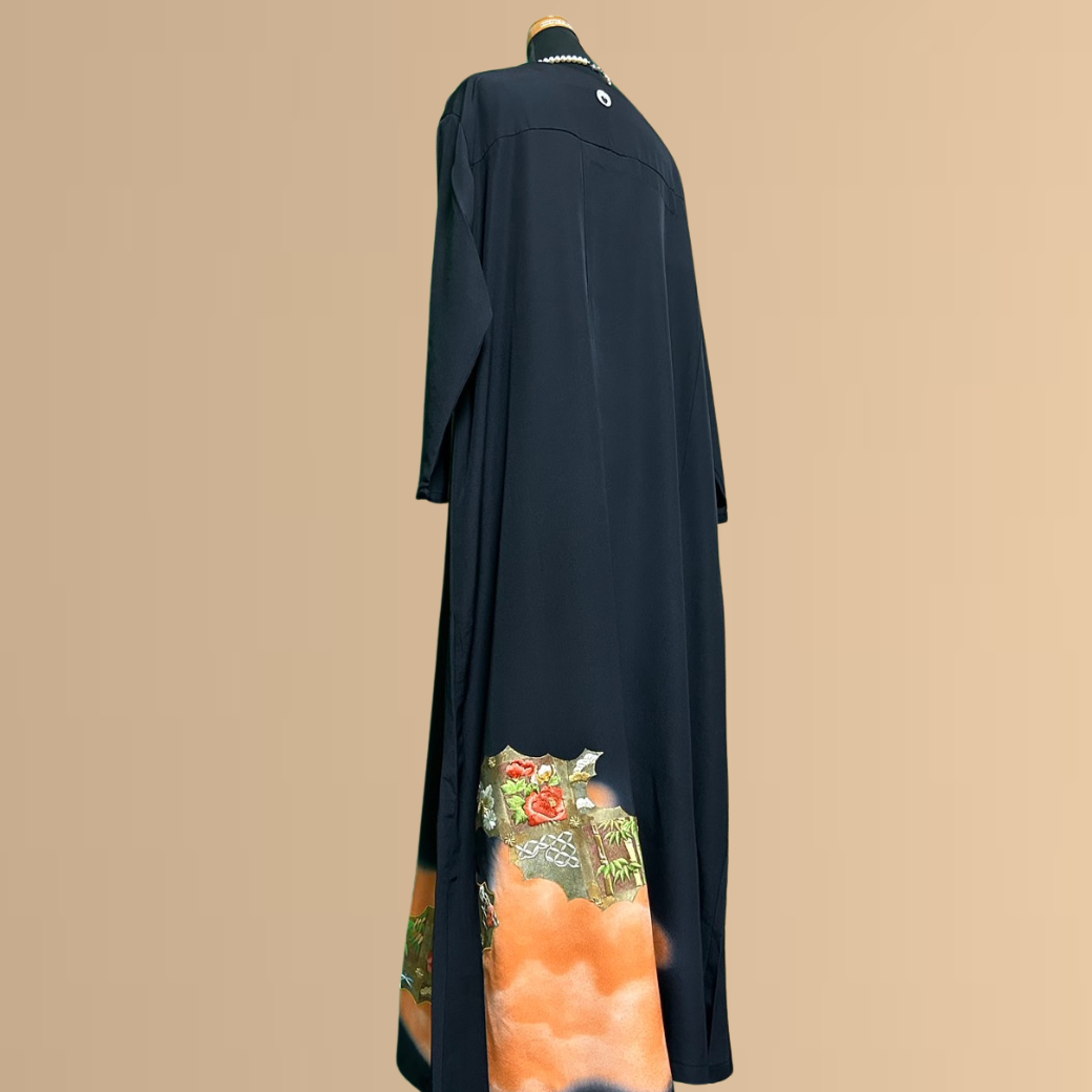 Black Ro Furisode Embroidered Seasonal Flower Pattern Kimono Dress