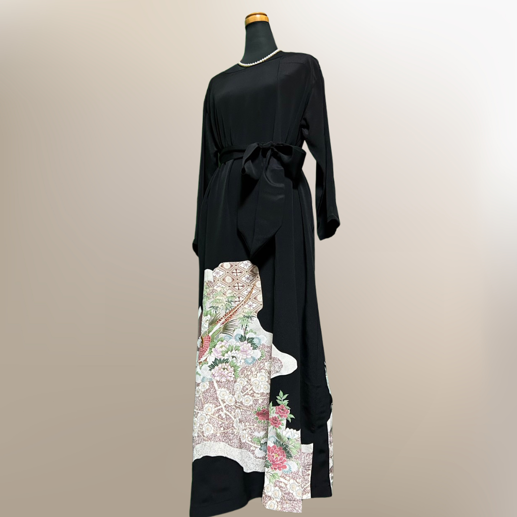 Black Ro Furisode Peacock, Peony, and Plum Blossom Pattern Kimono Dress