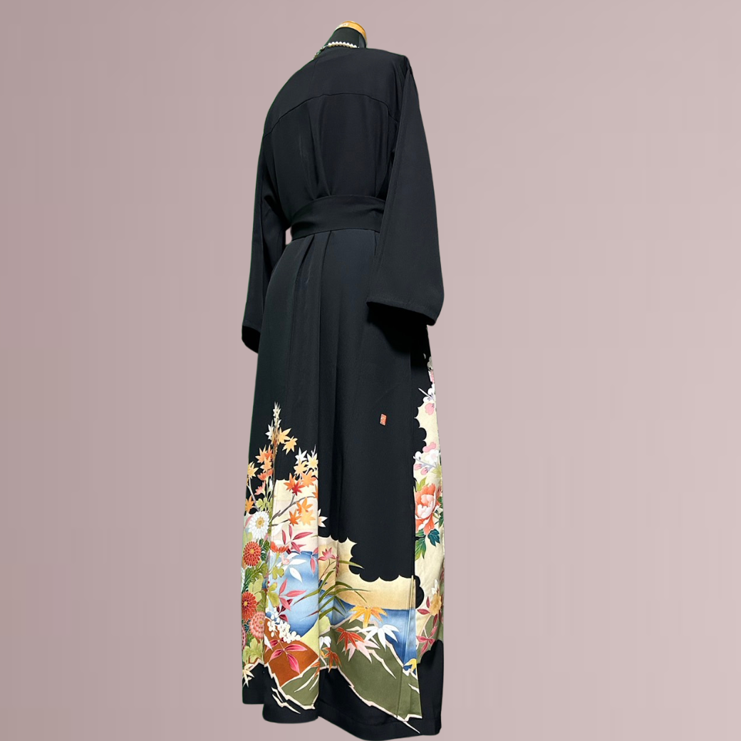 Black Ro Furisode Artisanal Peony and Lovebirds Pattern Kimono Dress