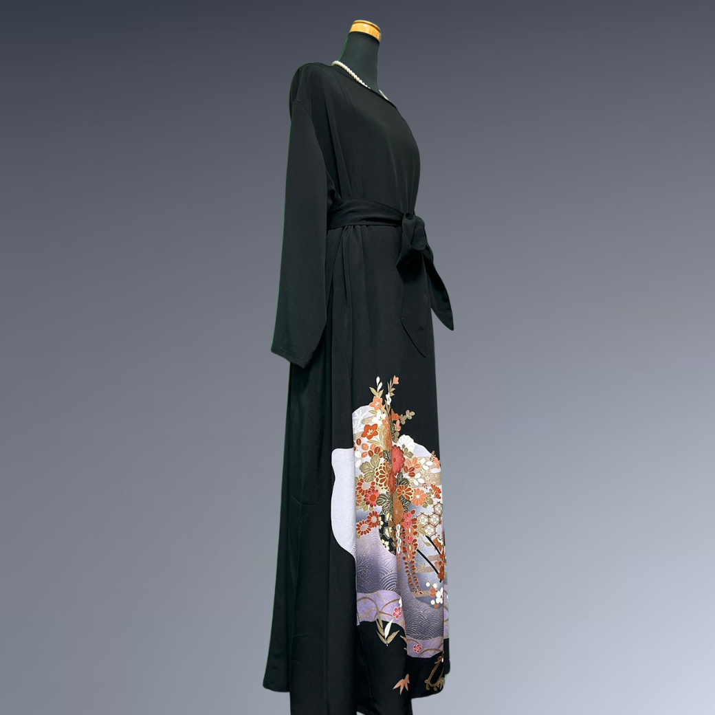 Black Ro Furisode Ripple Pattern and Flower Cart Kimono Dress