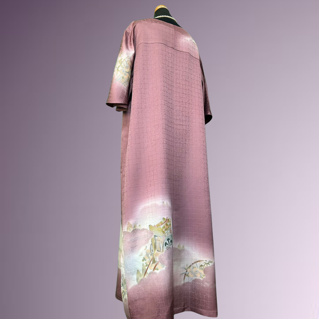 Tsukesage Kimono Dress with Gosho Carriage and Floral Fence Pattern