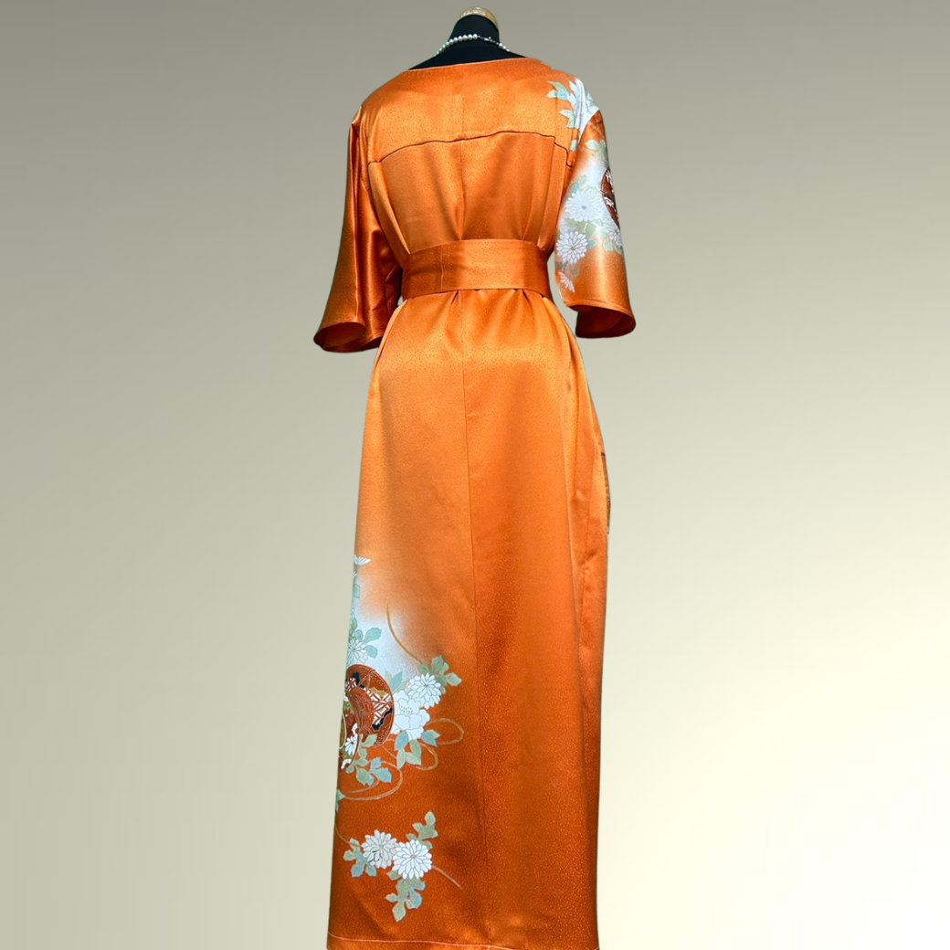 Furisode Kimono Dress with Embroidered Drum and Peony Motifs