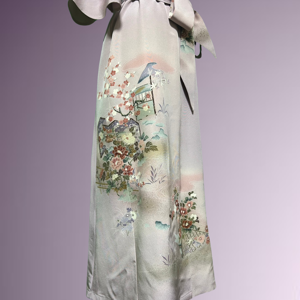 Iro-tomesode Kimono Dress with Gold Leaf, Floral Fence, and Flowing Water Pattern