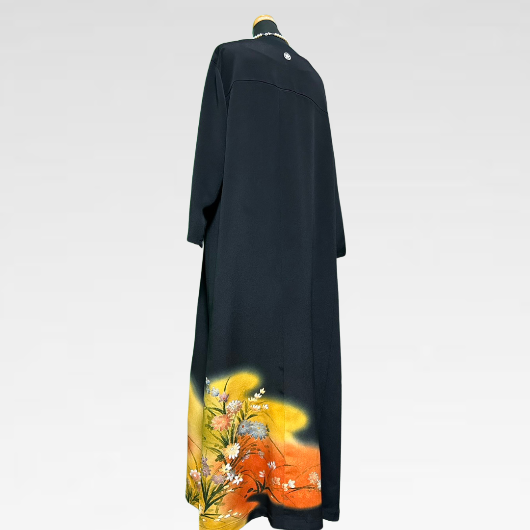 Black Ro Furisode Peacock Embroidery and Autumn Flowers Kimono Dress