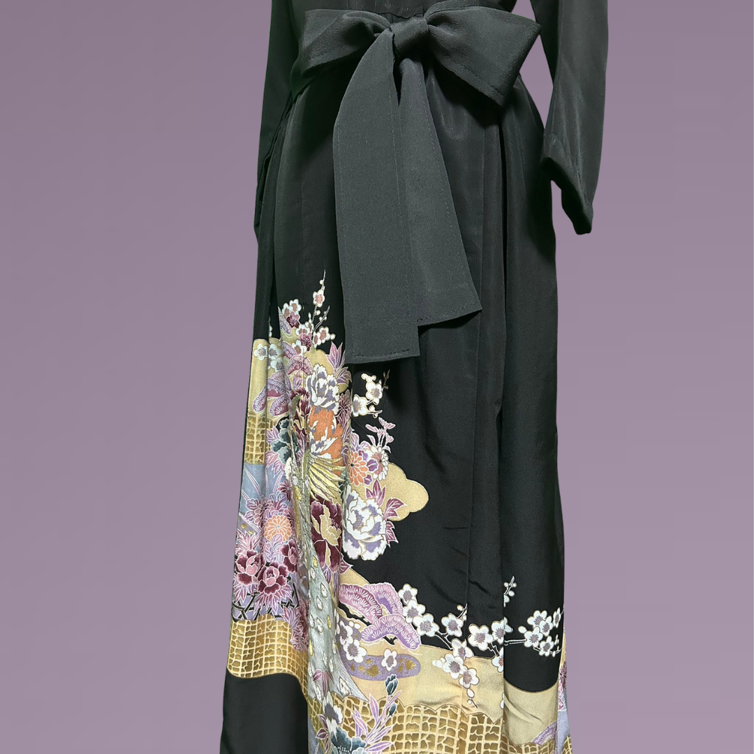 Kimono dress with phoenix and peony