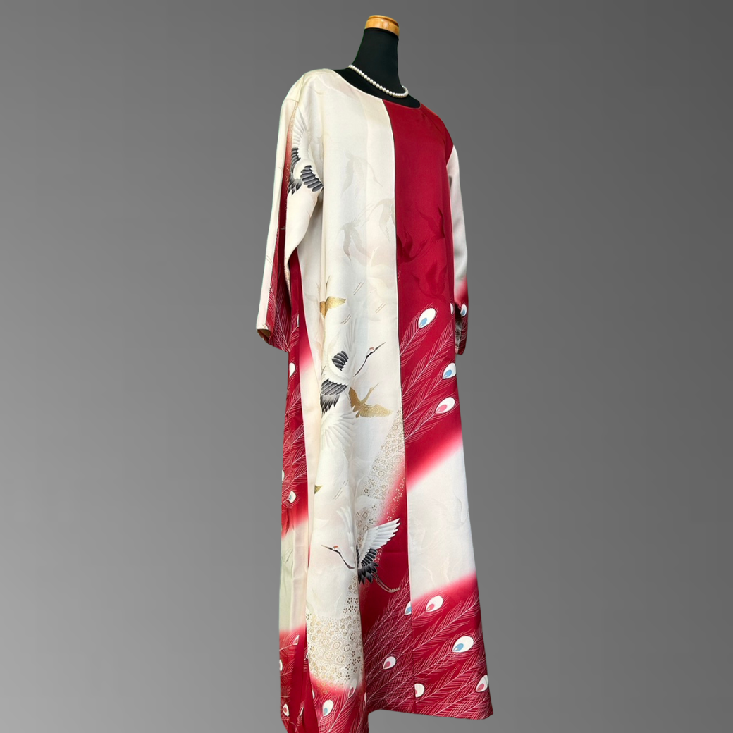 Furisode Crane and Peacock Feather Pattern Kimono Dress