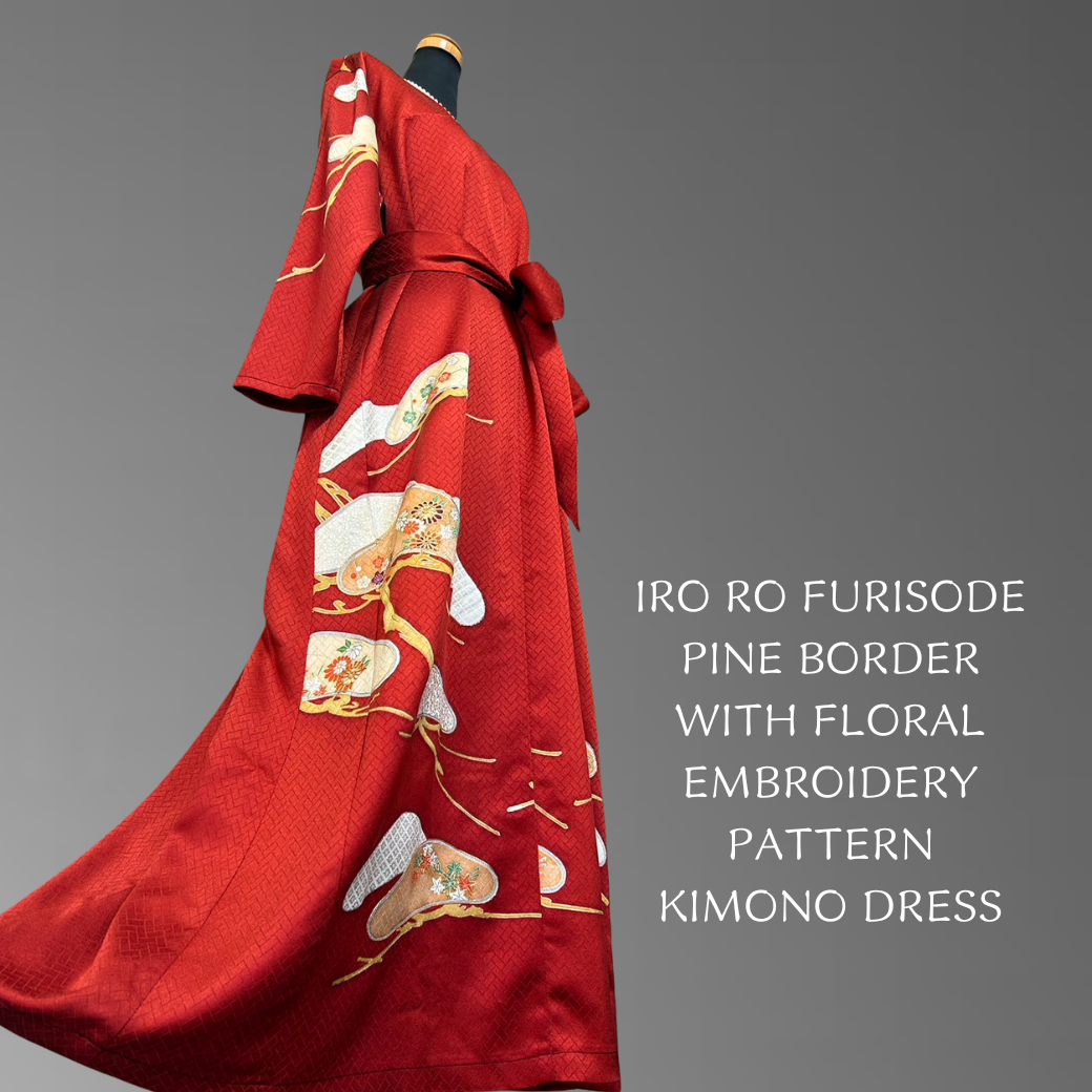 Iro Ro Furisode Pine Border with Floral Embroidery Pattern Kimono Dress