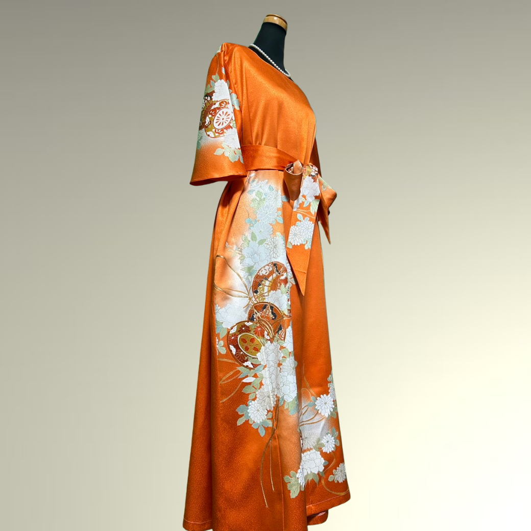 Furisode Kimono Dress with Embroidered Drum and Peony Motifs