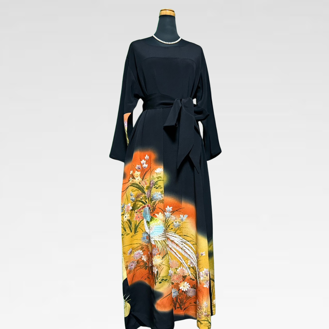 Black Ro Furisode Peacock Embroidery and Autumn Flowers Kimono Dress