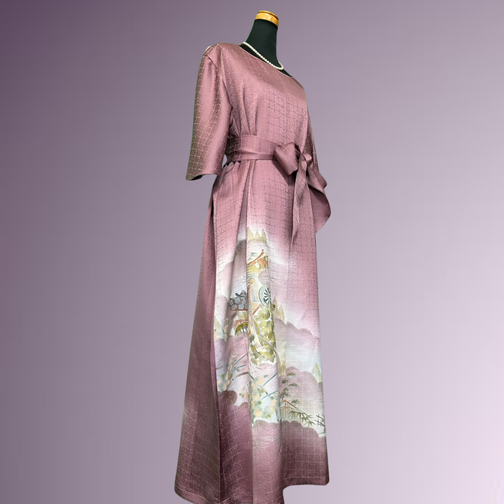 Tsukesage Kimono Dress with Gosho Carriage and Floral Fence Pattern