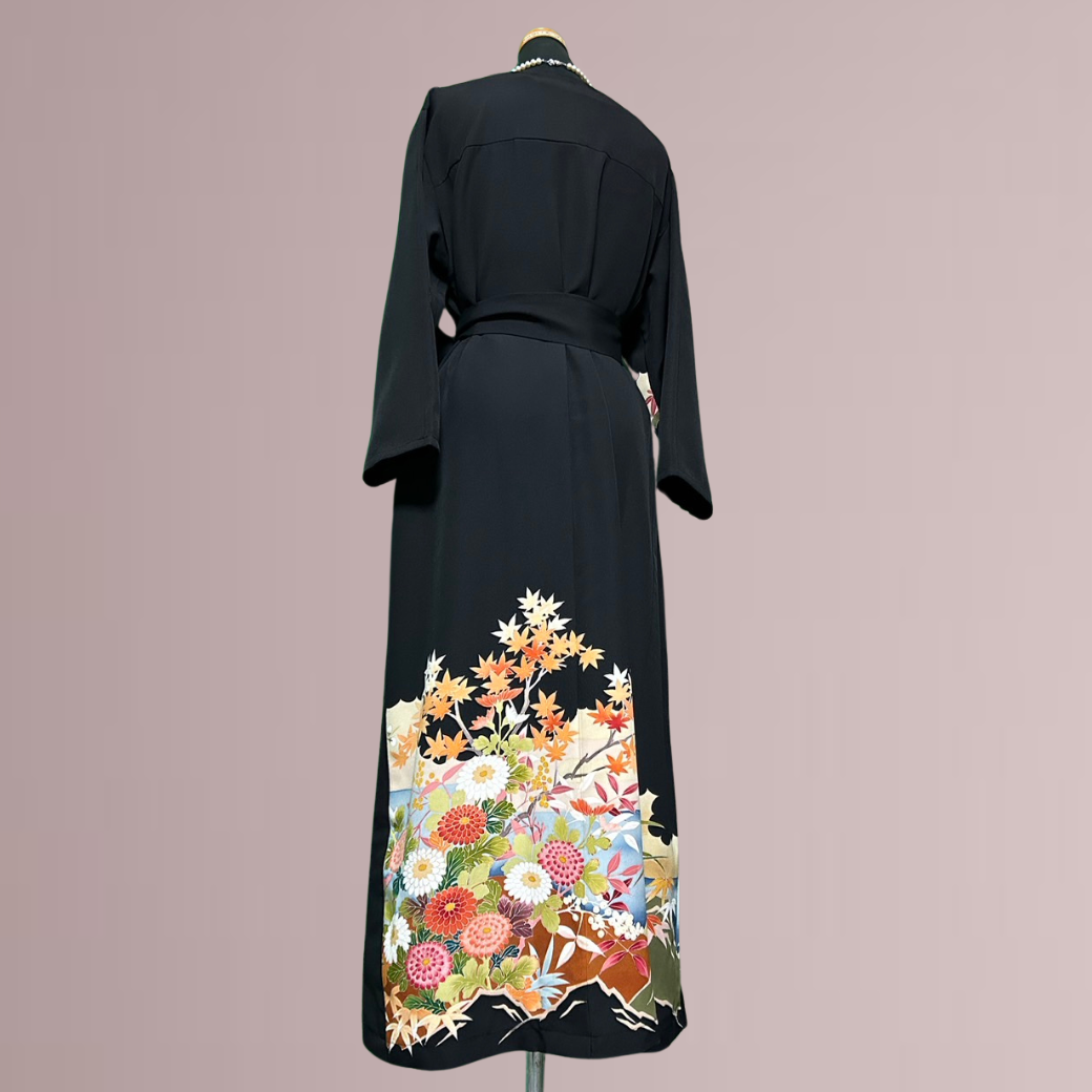 Black Ro Furisode Artisanal Peony and Lovebirds Pattern Kimono Dress