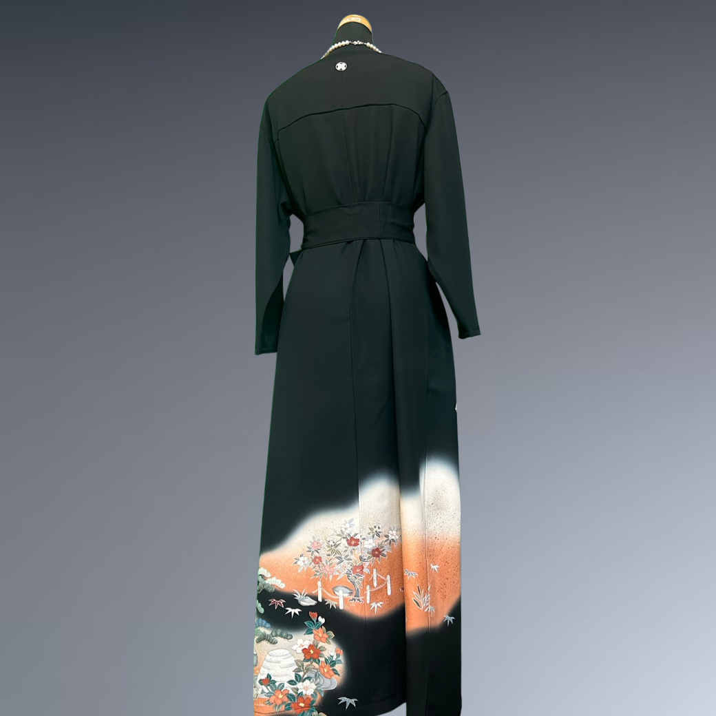 Black Ro Furisode Artisanal Silver Pavilion with Flowers Kimono Dress