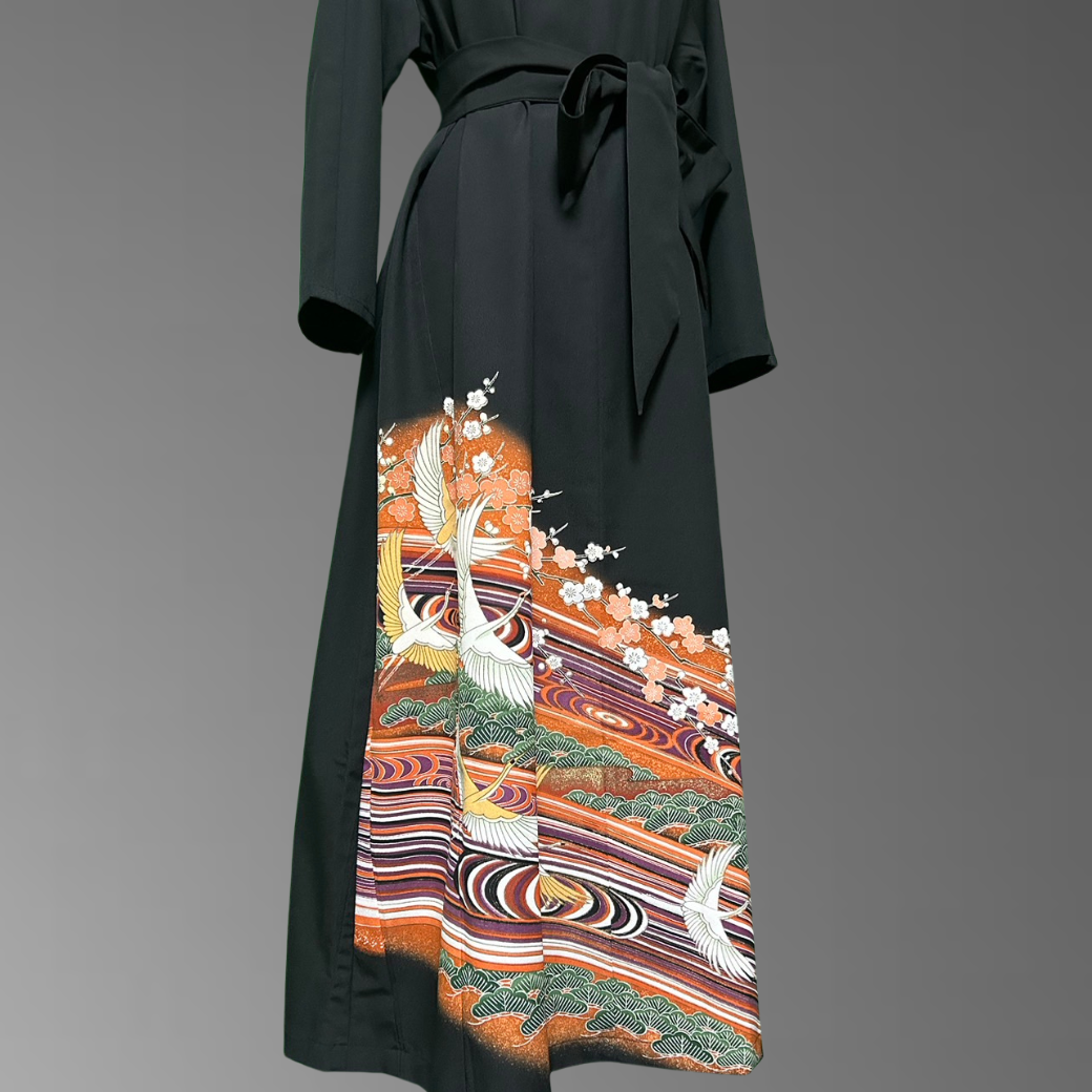 Black Ro Furisode Crane and Pine Plum Kimono Dress with Kabuki-Inspired Colors