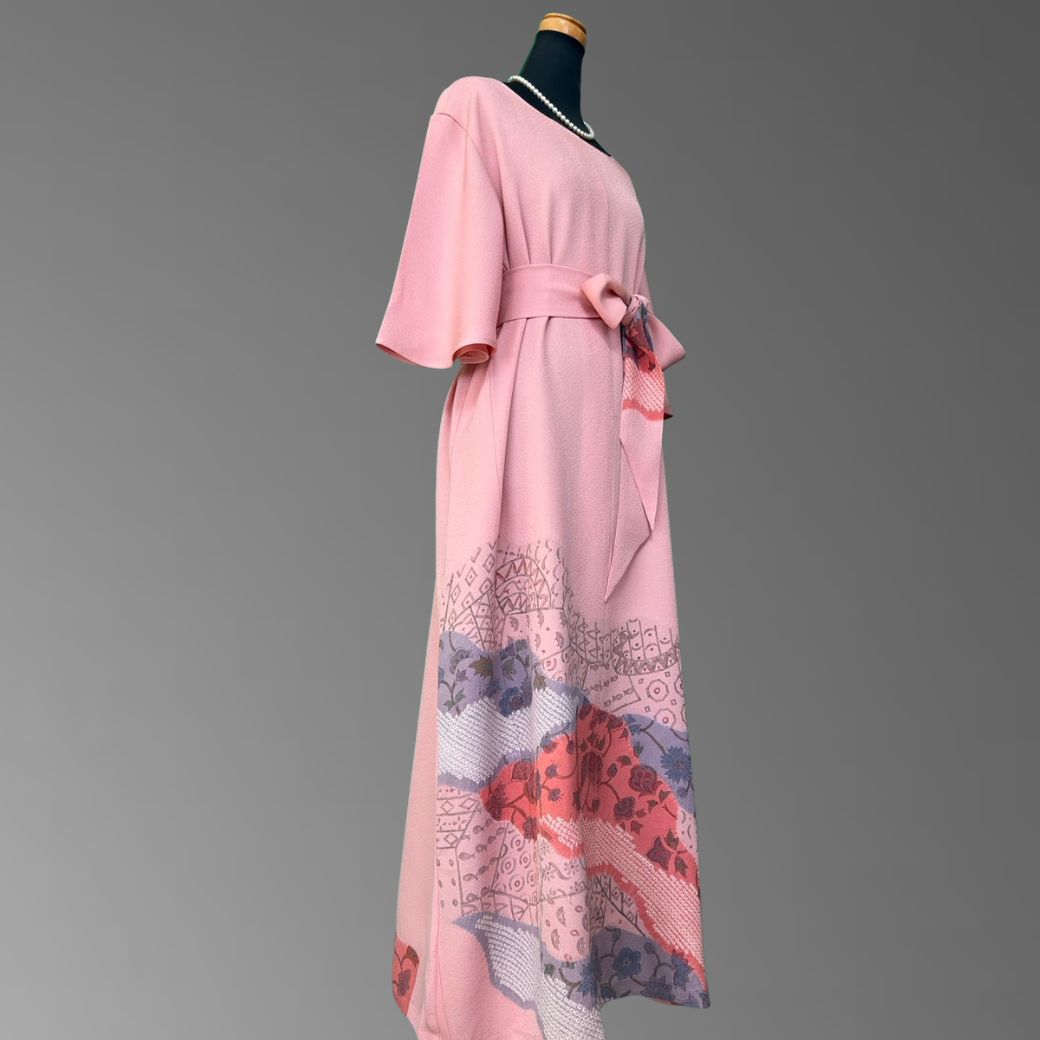 Iro-tomesode Kimono Dress with Partial Shibori and Oriental Motif