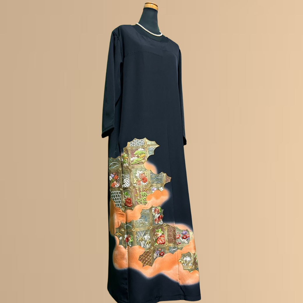 Black Ro Furisode Embroidered Seasonal Flower Pattern Kimono Dress