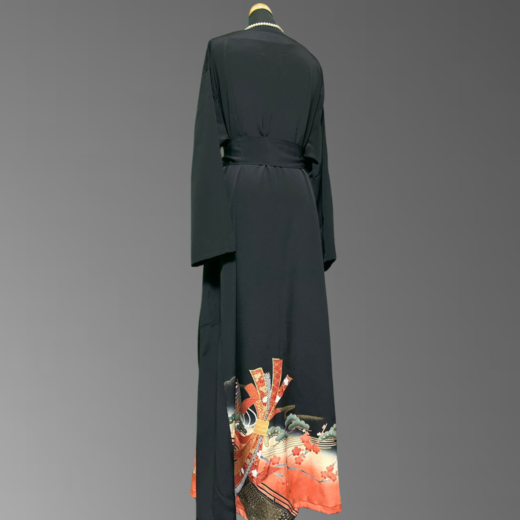 Black Ro Furisode Bridge Pattern with Gold Trimmed Nosh Kimono Dress