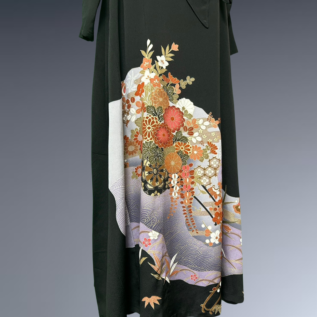 Black Ro Furisode Ripple Pattern and Flower Cart Kimono Dress