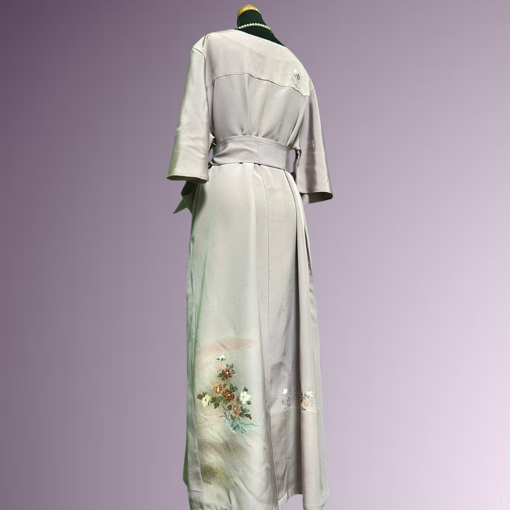 Iro-tomesode Kimono Dress with Gold Leaf, Floral Fence, and Flowing Water Pattern