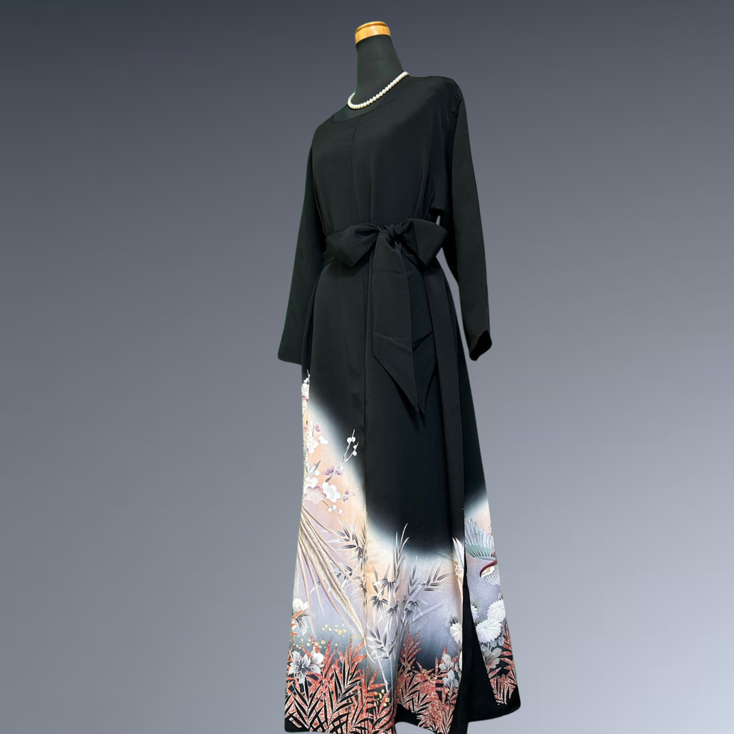 Black Ro Furisode Long-tailed Bird, Peony, and Plum Blossom Kimono Dress