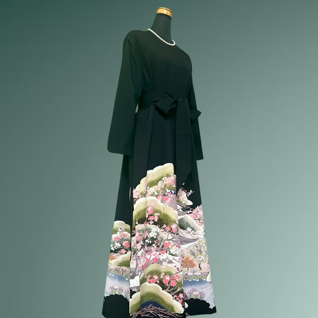 Black Ro Furisode Artisanal Plum and Nijo Castle Kimono Dress