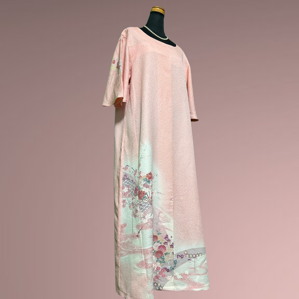 Tsukesage Kimono Dress with Dancing Fans and Flowing Water Pattern