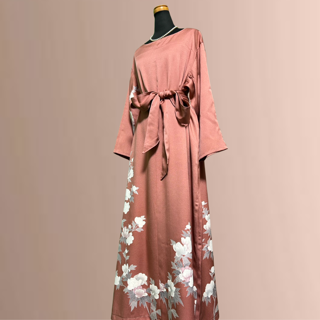 Houmongi Kimono Dress – Coral with White Blossoms