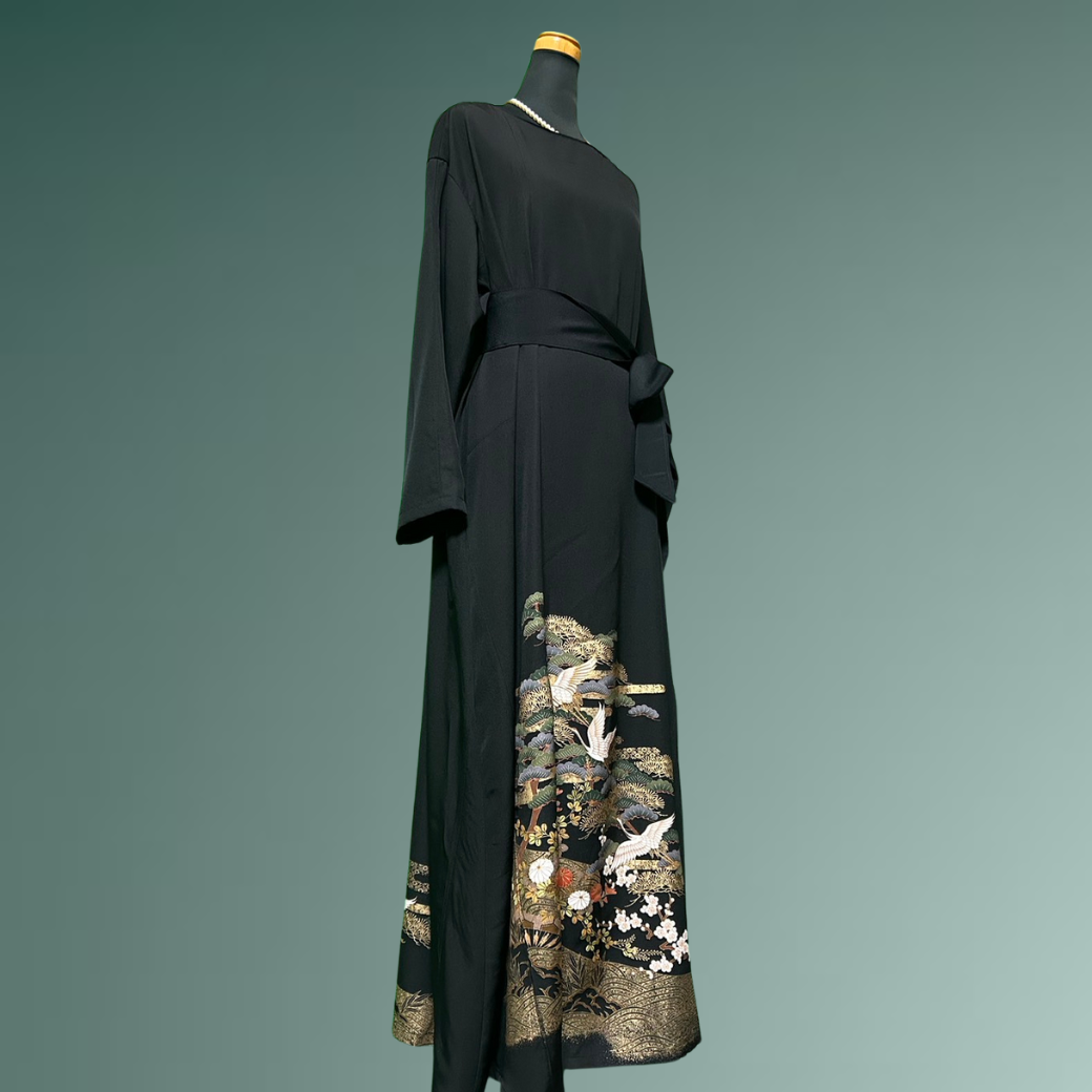 Black Ro Furisode Soaring Cranes and Pine, Bamboo, and Plum Kimono Dress