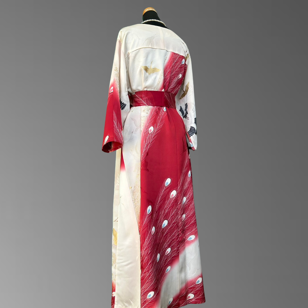 Furisode Crane and Peacock Feather Pattern Kimono Dress