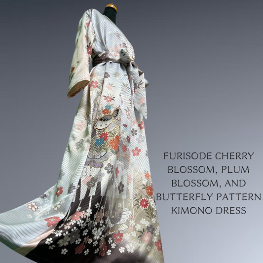 Furisode Cherry Blossom, Plum Blossom, and Butterfly Pattern Kimono Dress