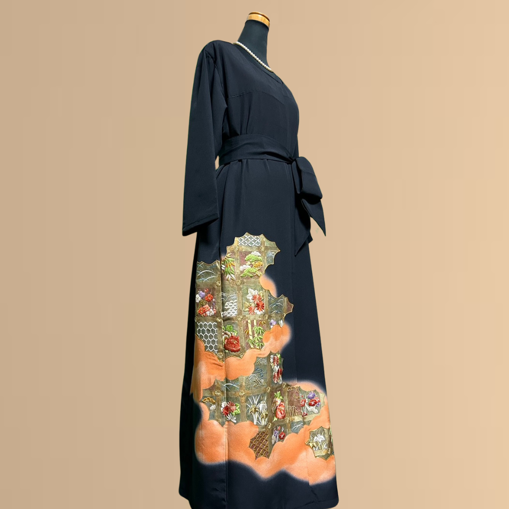 Black Ro Furisode Embroidered Seasonal Flower Pattern Kimono Dress