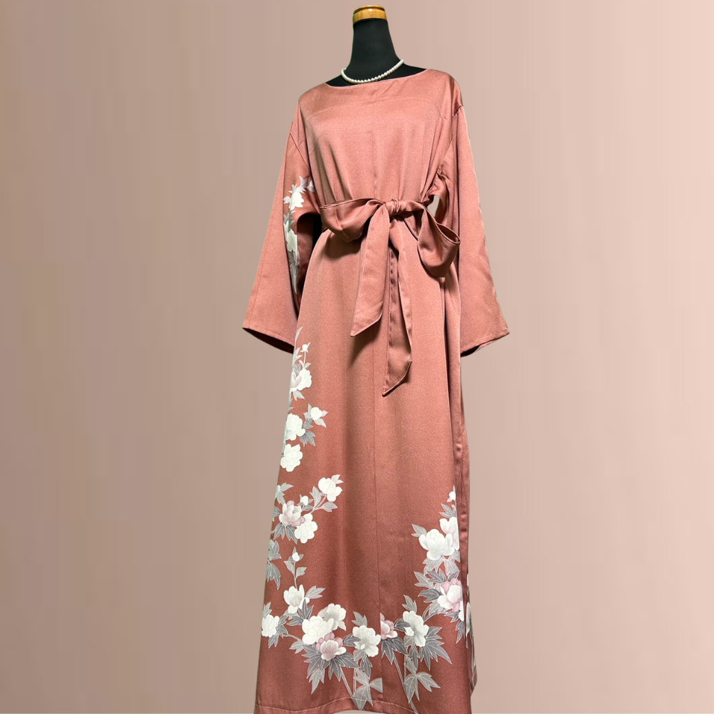 Houmongi Kimono Dress – Coral with White Blossoms