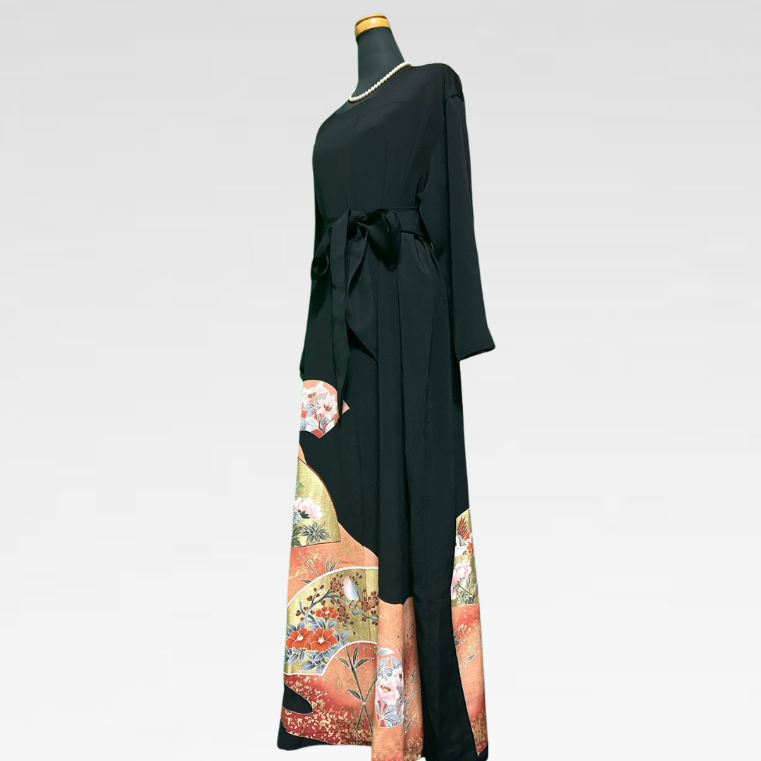 Black Ro Furisode Fan with Flowers and Birds Kimono Dress