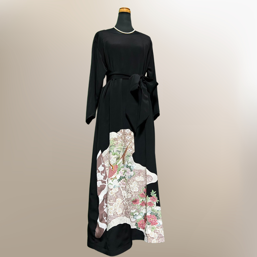 Black Ro Furisode Peacock, Peony, and Plum Blossom Pattern Kimono Dress