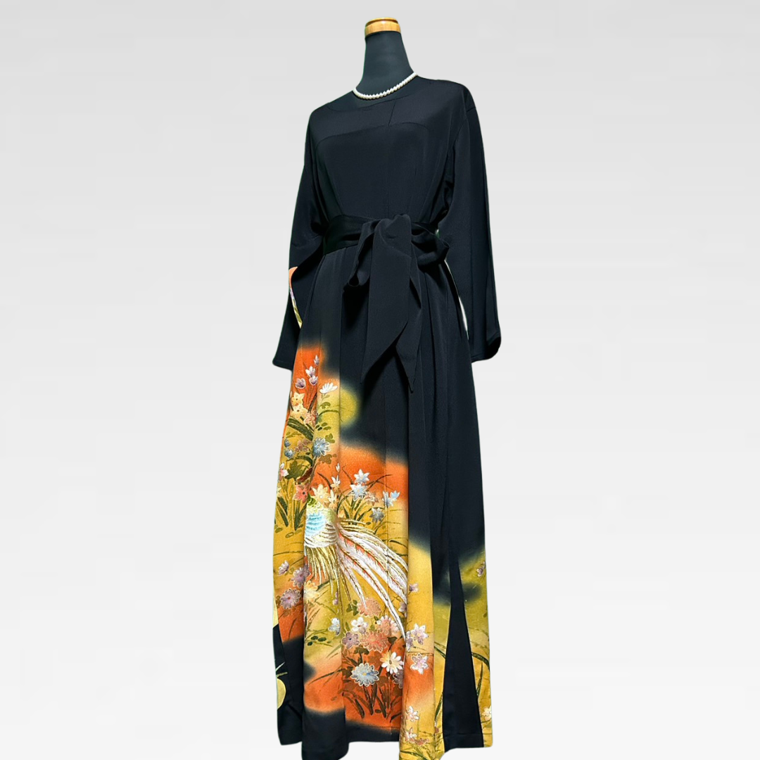 Black Ro Furisode Peacock Embroidery and Autumn Flowers Kimono Dress