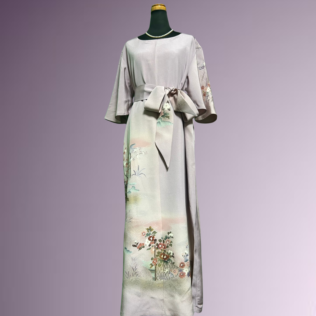 Iro-tomesode Kimono Dress with Gold Leaf, Floral Fence, and Flowing Water Pattern