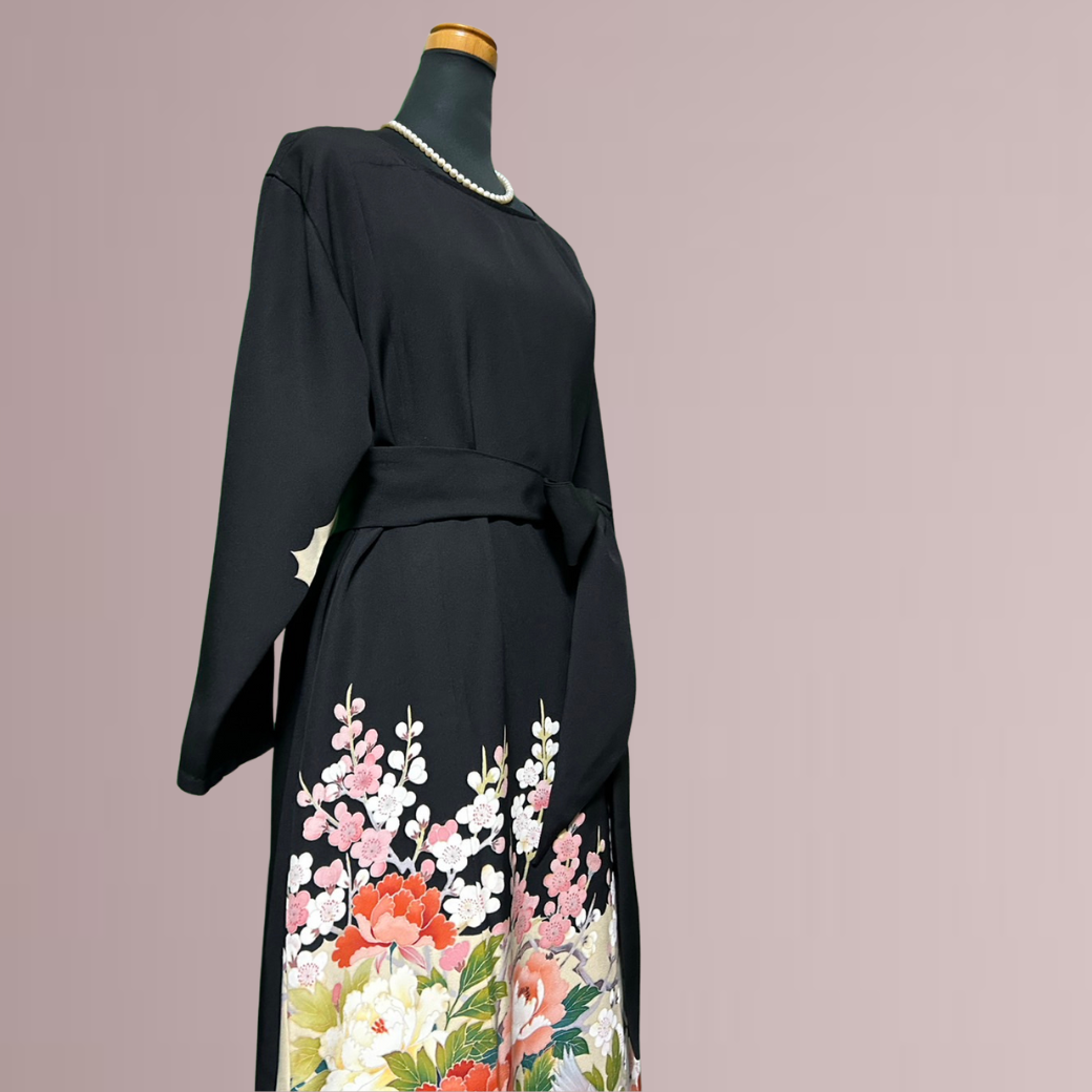 Black Ro Furisode Artisanal Peony and Lovebirds Pattern Kimono Dress