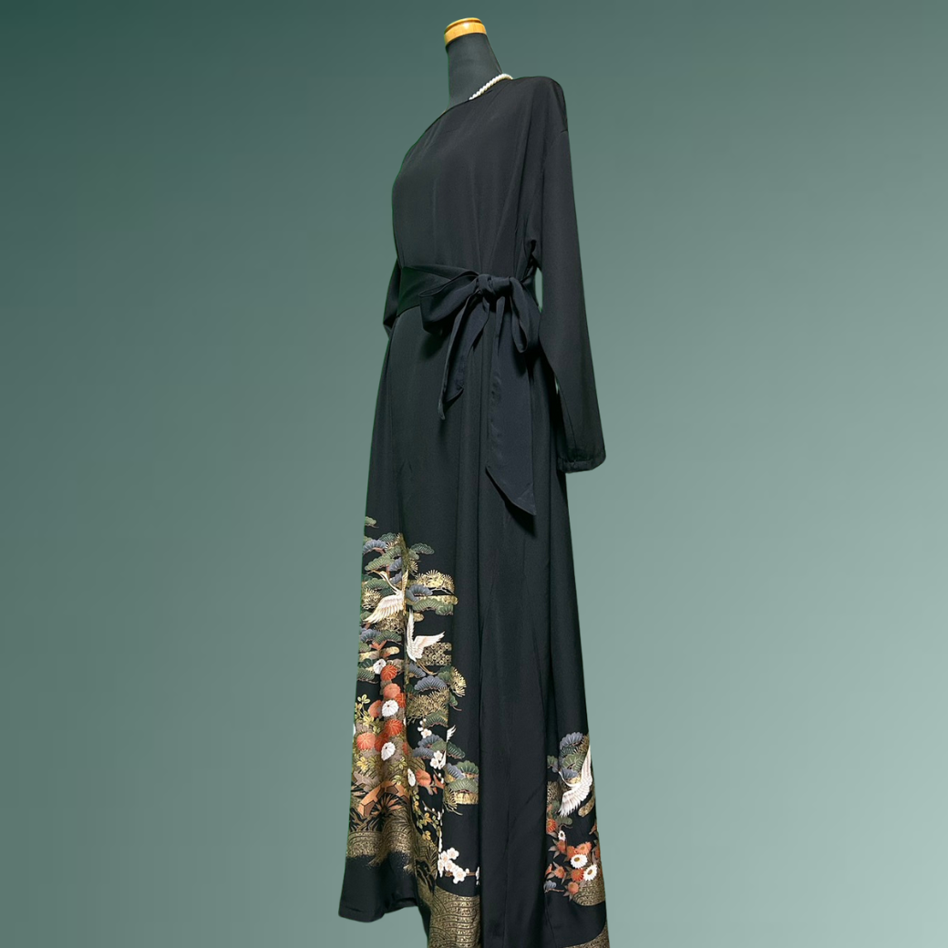 Black Ro Furisode Soaring Cranes and Pine, Bamboo, and Plum Kimono Dress