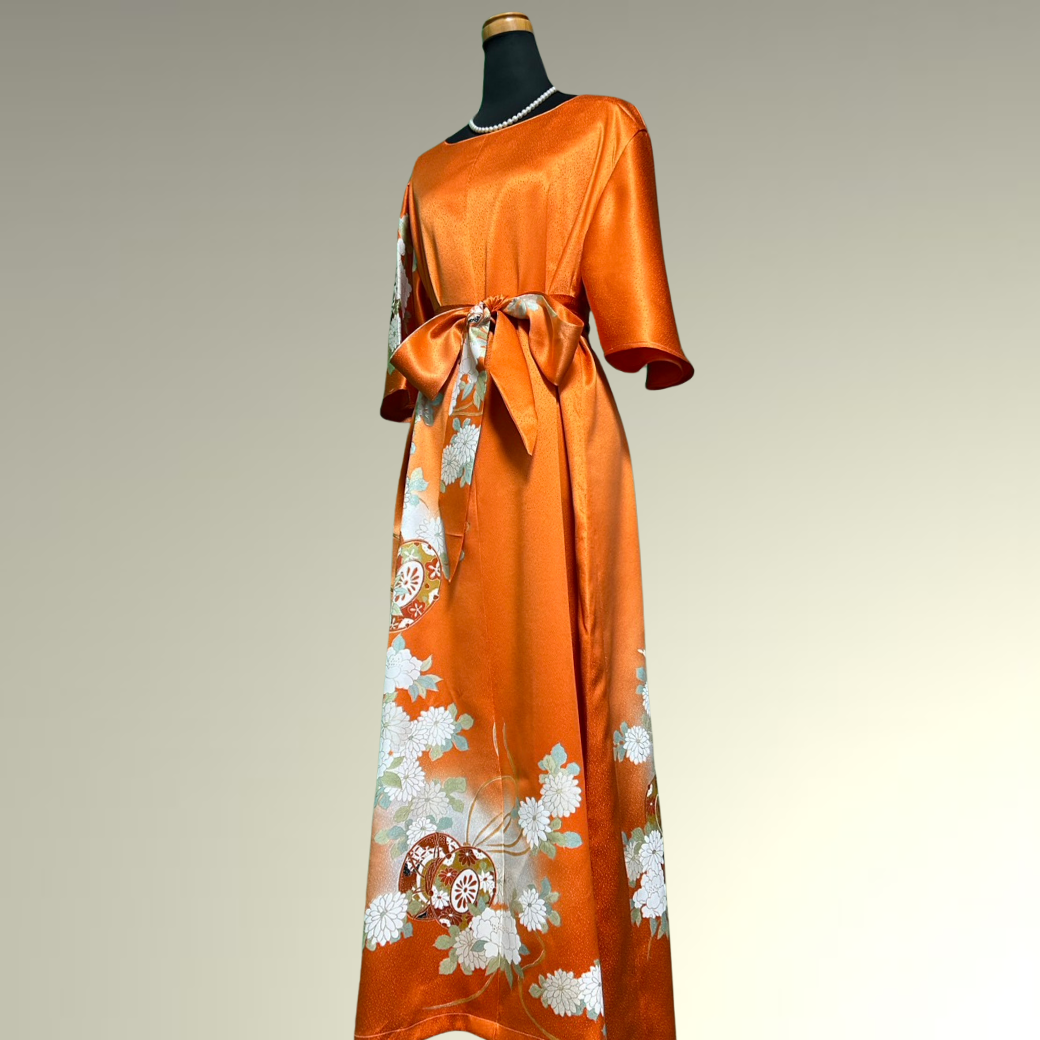 Furisode Kimono Dress with Embroidered Drum and Peony Motifs