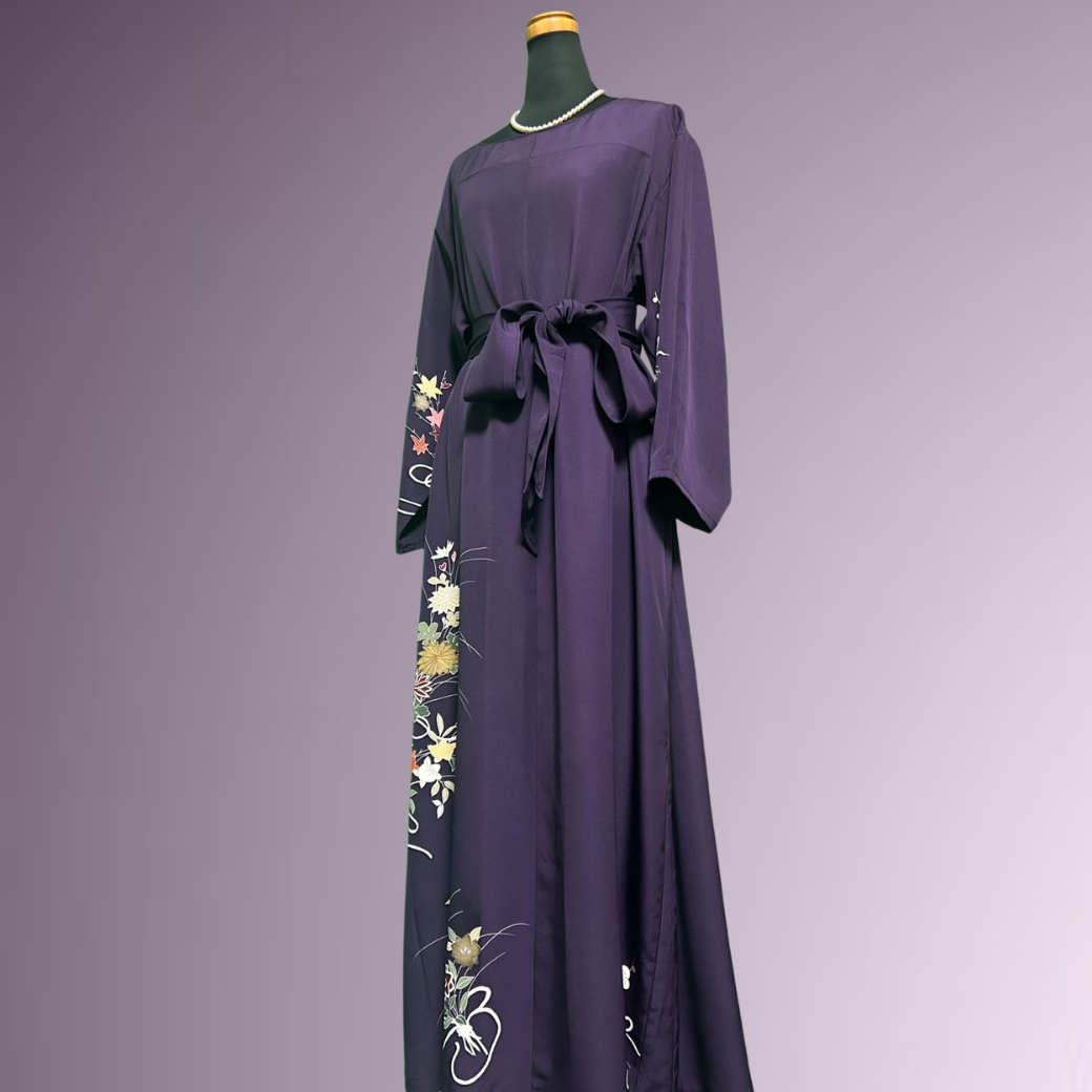 Houmongi Kimono Dress – Bellflowers & Chrysanthemum Bouquet