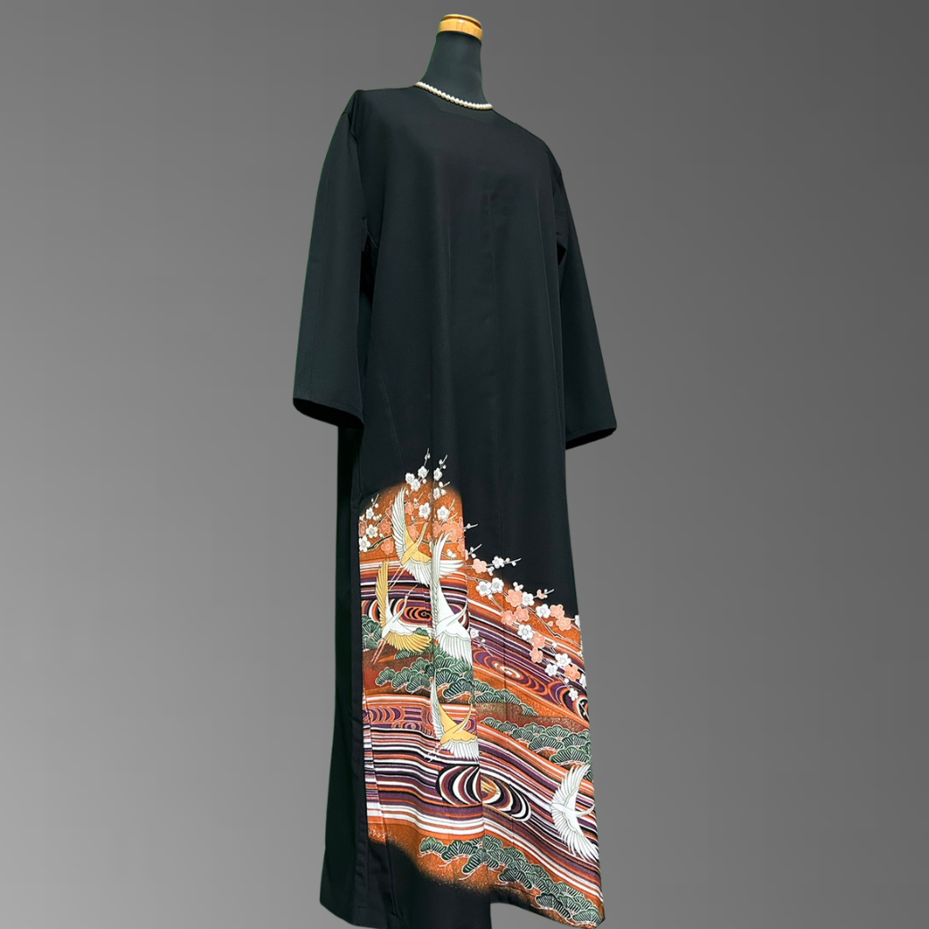 Black Ro Furisode Crane and Pine Plum Kimono Dress with Kabuki-Inspired Colors