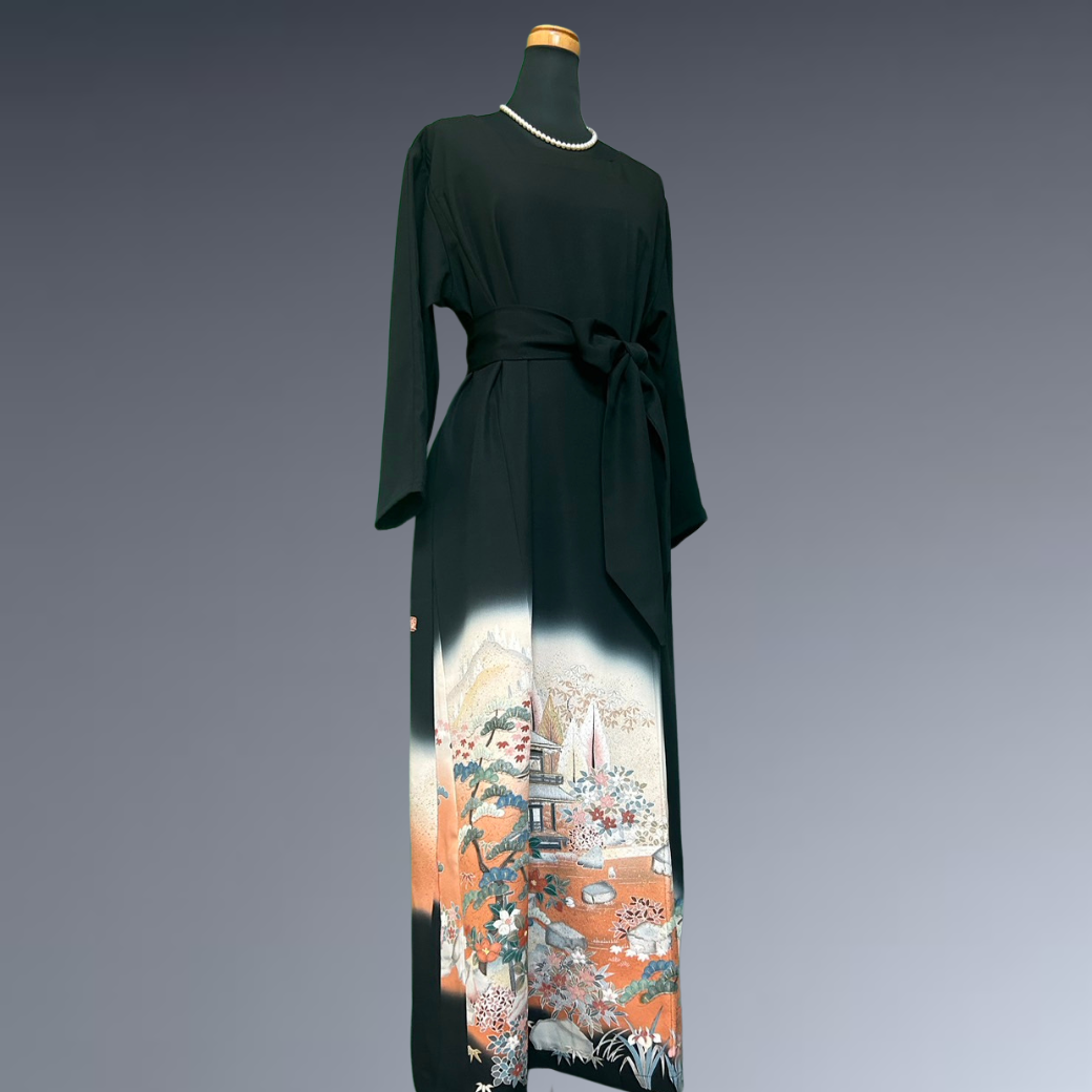 Black Ro Furisode Artisanal Silver Pavilion with Flowers Kimono Dress