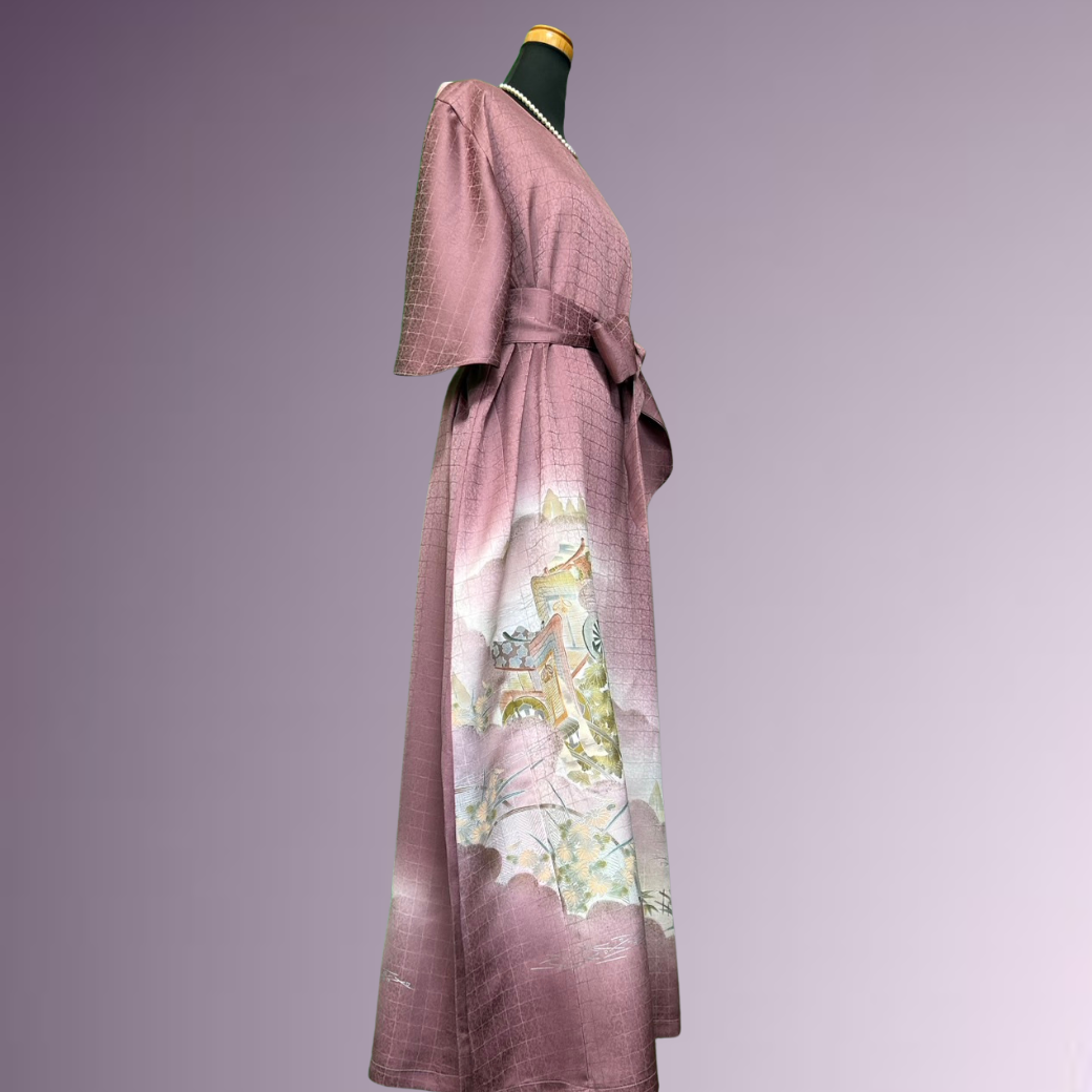 Tsukesage Kimono Dress with Gosho Carriage and Floral Fence Pattern