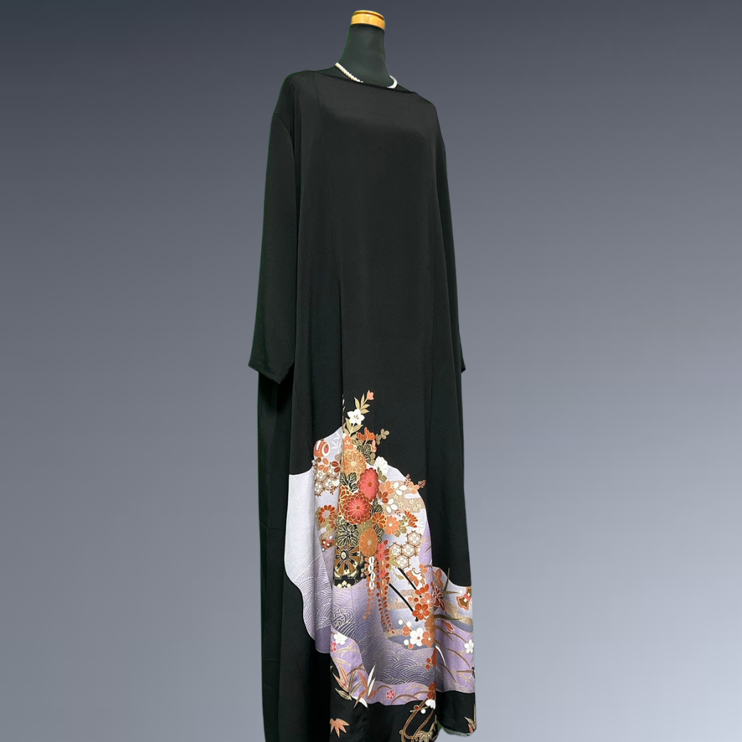 Black Ro Furisode Ripple Pattern and Flower Cart Kimono Dress