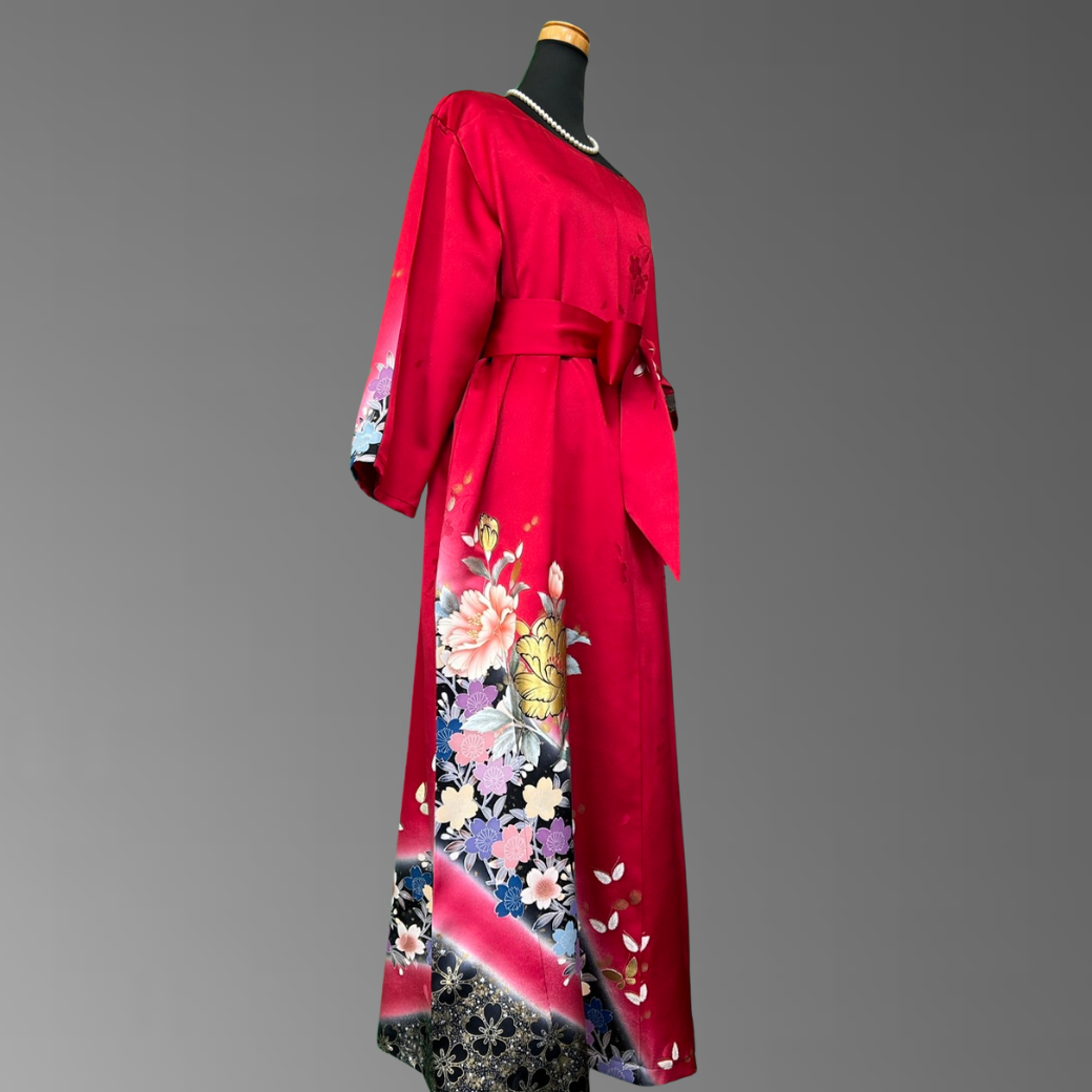 Furisode Kimono Dress – Peony & Cherry Blossoms