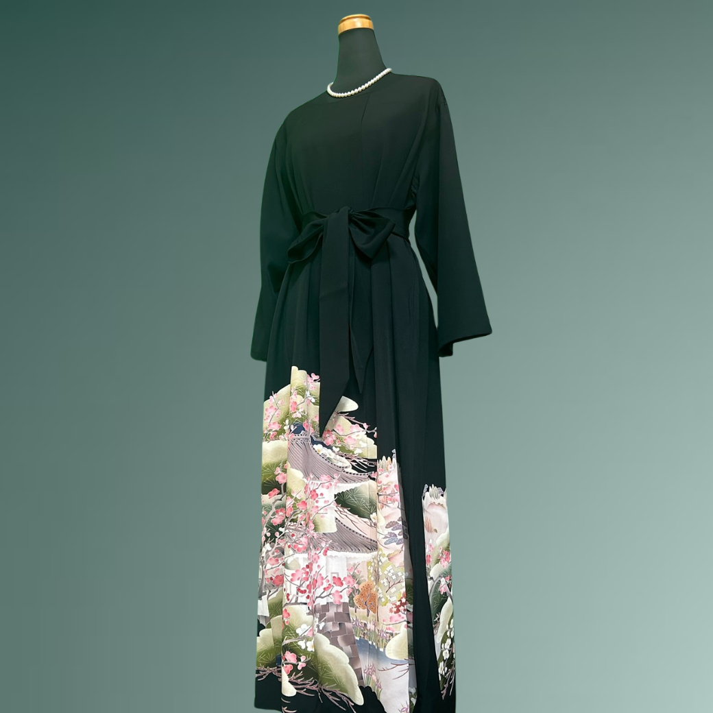 Black Ro Furisode Artisanal Plum and Nijo Castle Kimono Dress