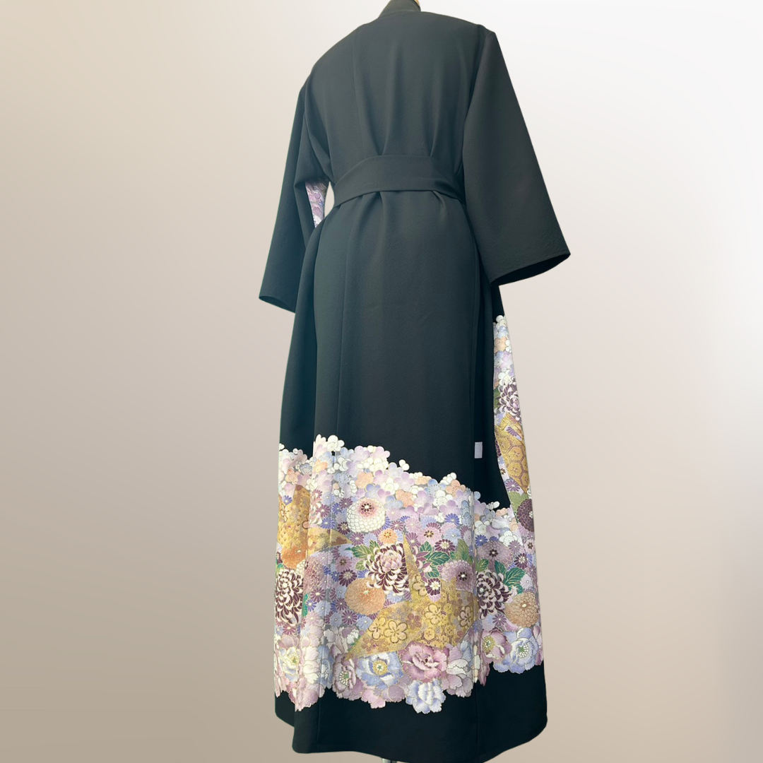 Kimono dress with origami crane and chrysanthemum pattern