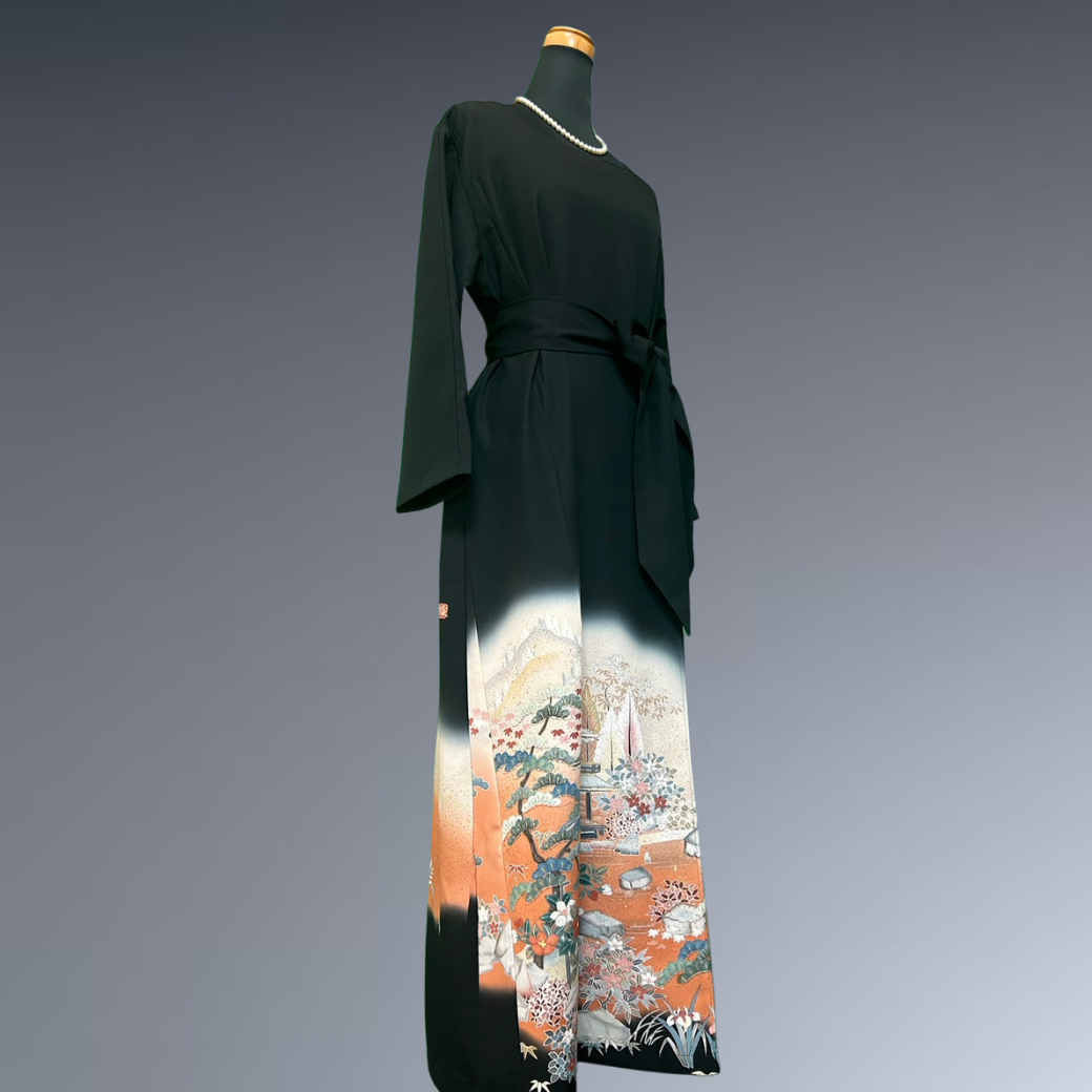 Black Ro Furisode Artisanal Silver Pavilion with Flowers Kimono Dress