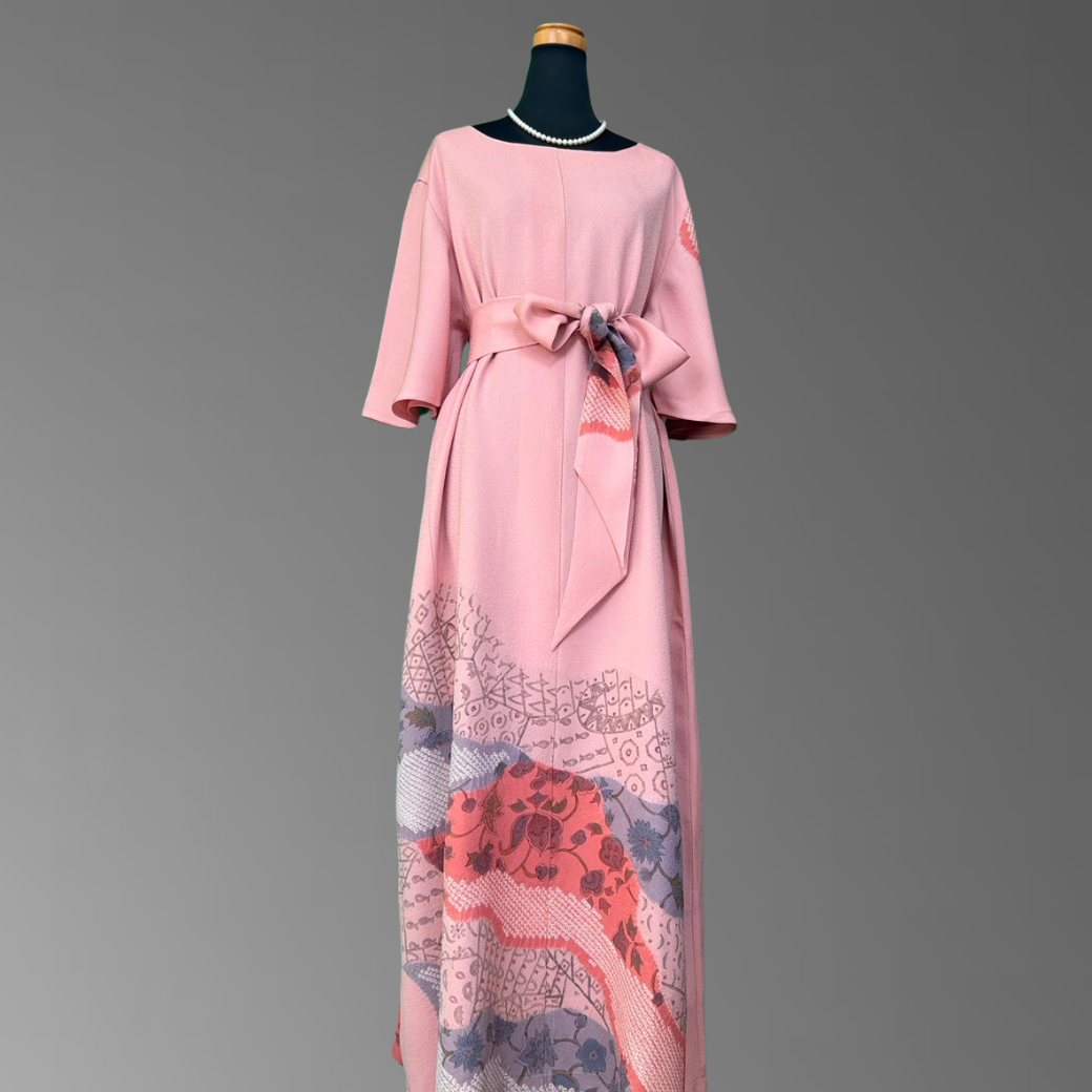 Iro-tomesode Kimono Dress with Partial Shibori and Oriental Motif