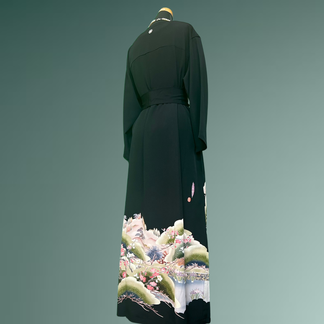 Black Ro Furisode Artisanal Plum and Nijo Castle Kimono Dress