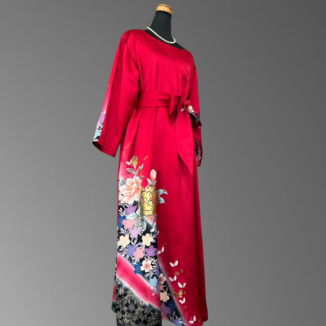 Furisode Kimono Dress – Peony & Cherry Blossoms